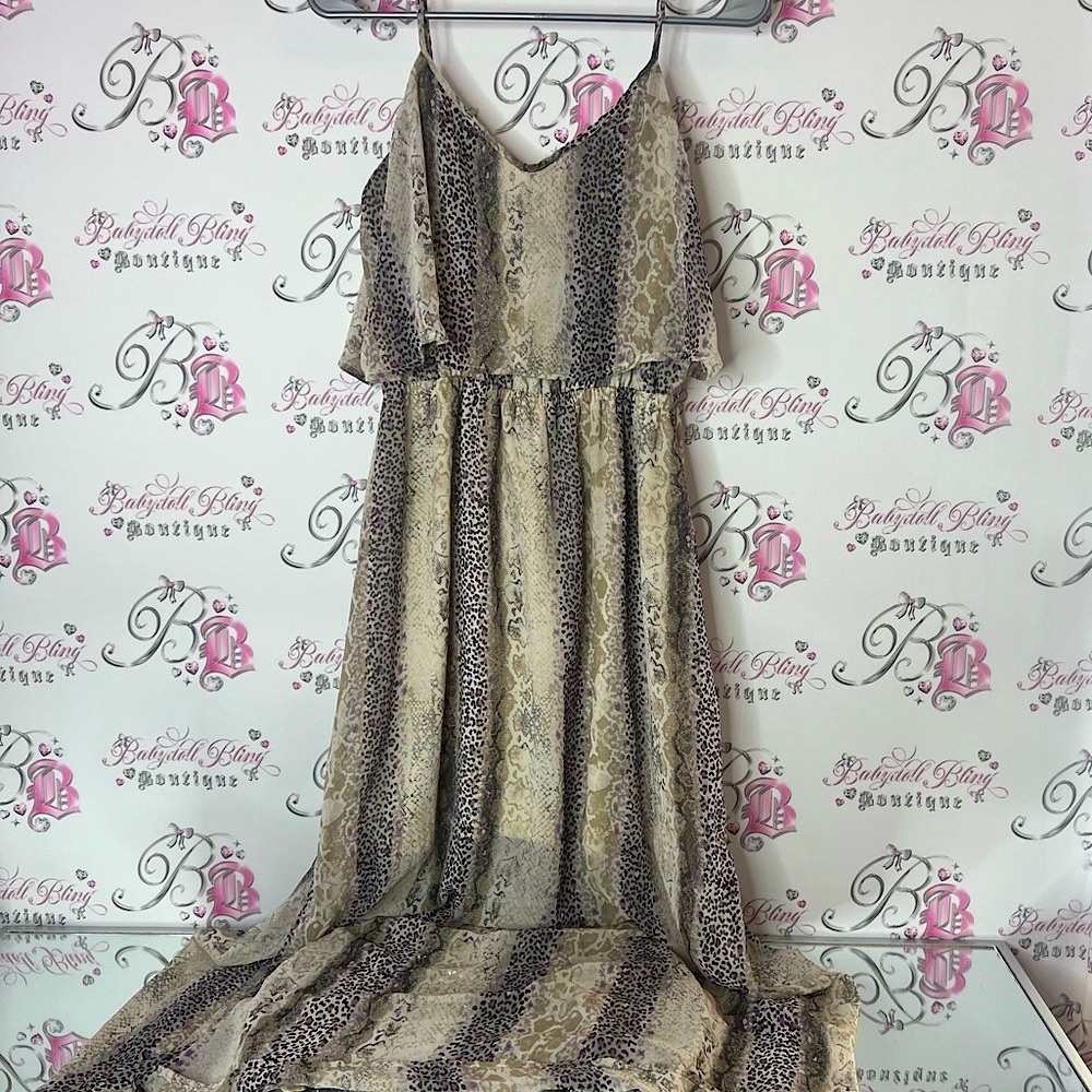 Denver Hayes Animal Print Maxi Dress pink purple cheetah print beige flowy